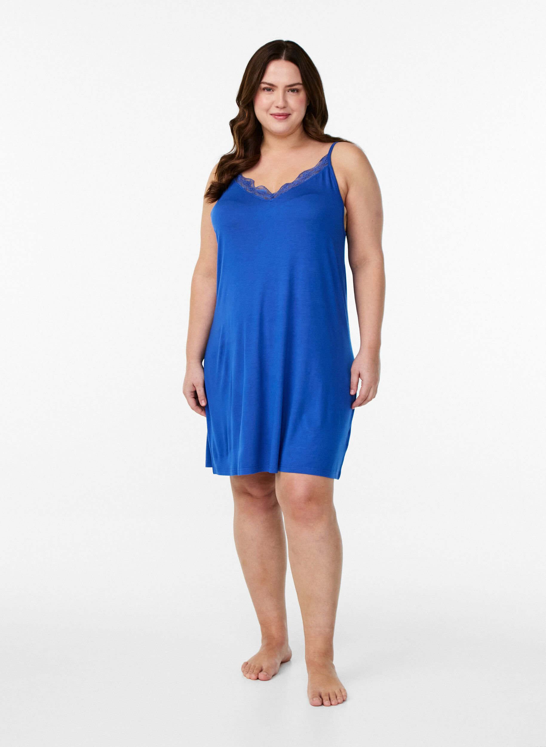 Zizzifashion Viscose nightgown with lace trim, Blue, Model image number 1