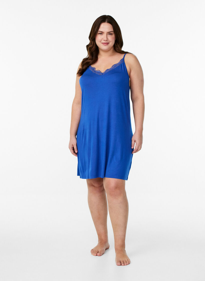 Viscose nightgown with lace trim, Blue, Model image number 1