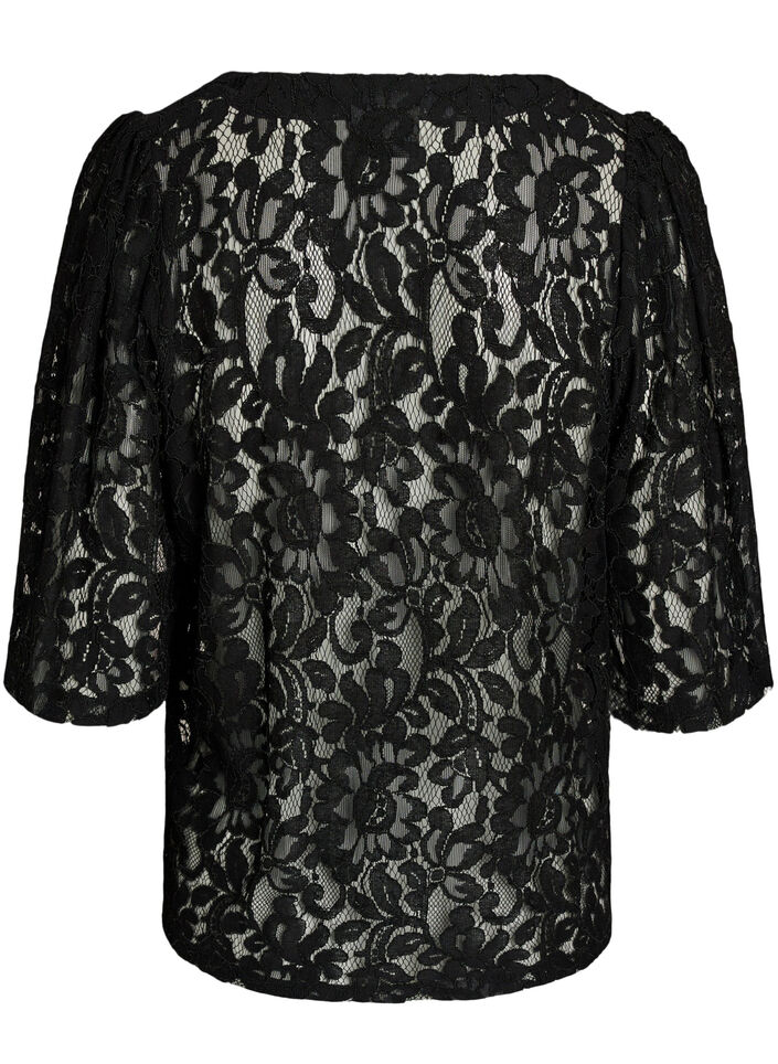 Short-sleeved lace blouse with V-neck, Black, Packshot image number 1