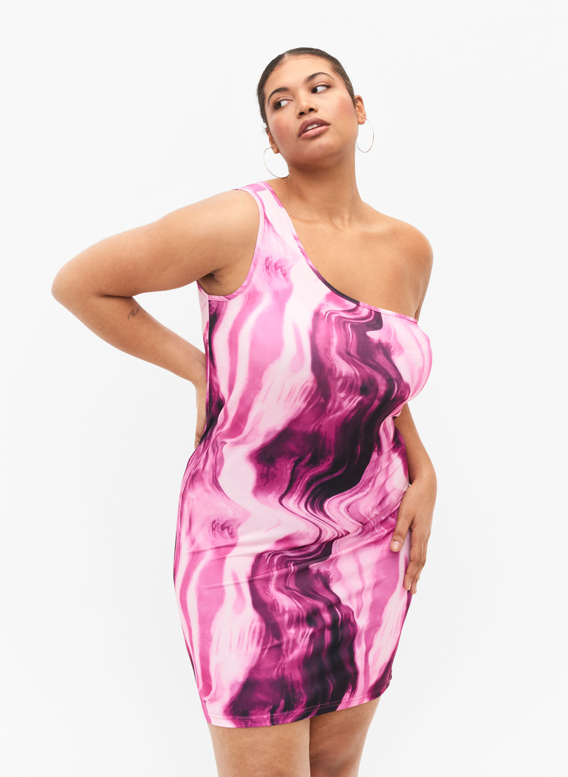 Zizzifashion Tight-fitting one-shoulder dress with print, Raspberry Rose AOP, Model image number 0