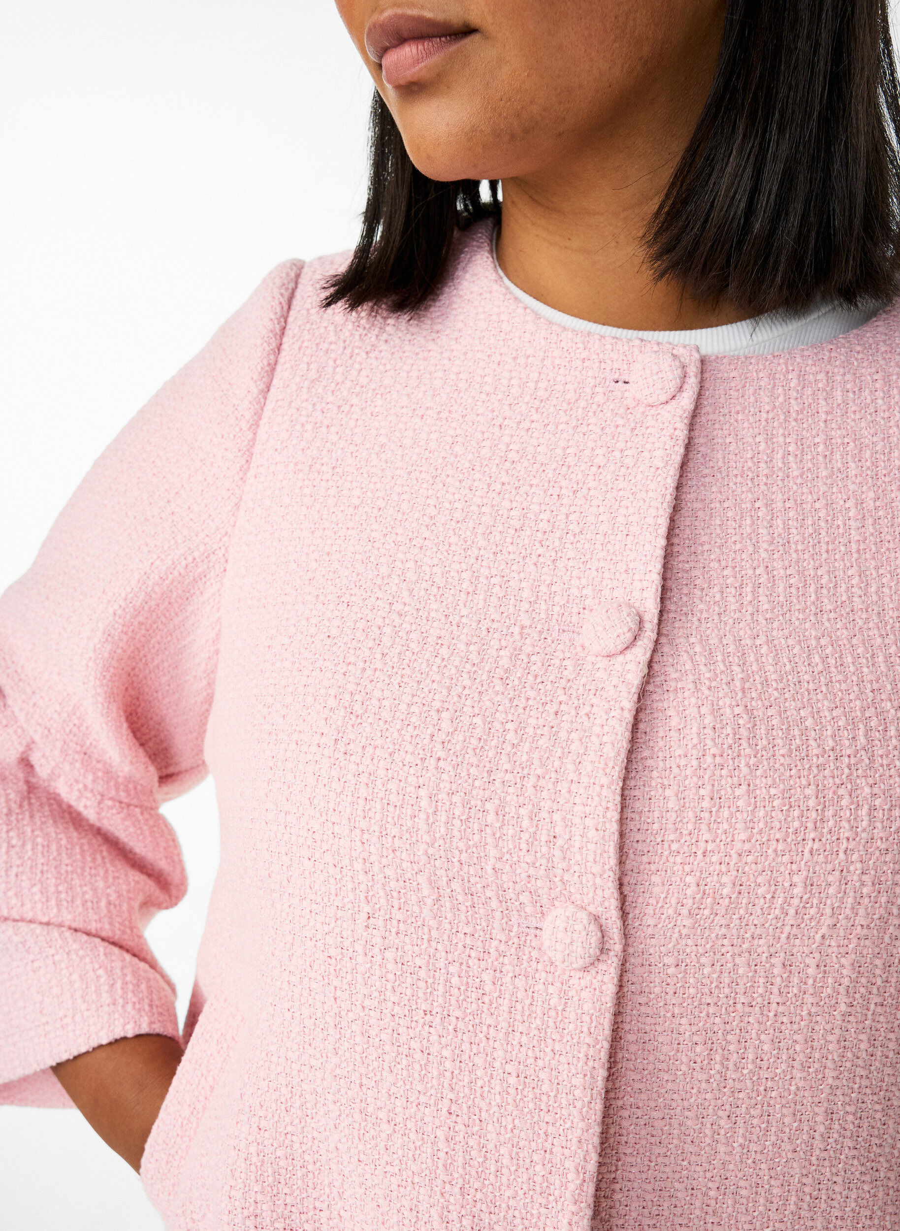 Zizzifashion Boucl&eacute; jacket with ruffle details, Pink, Model image number 4