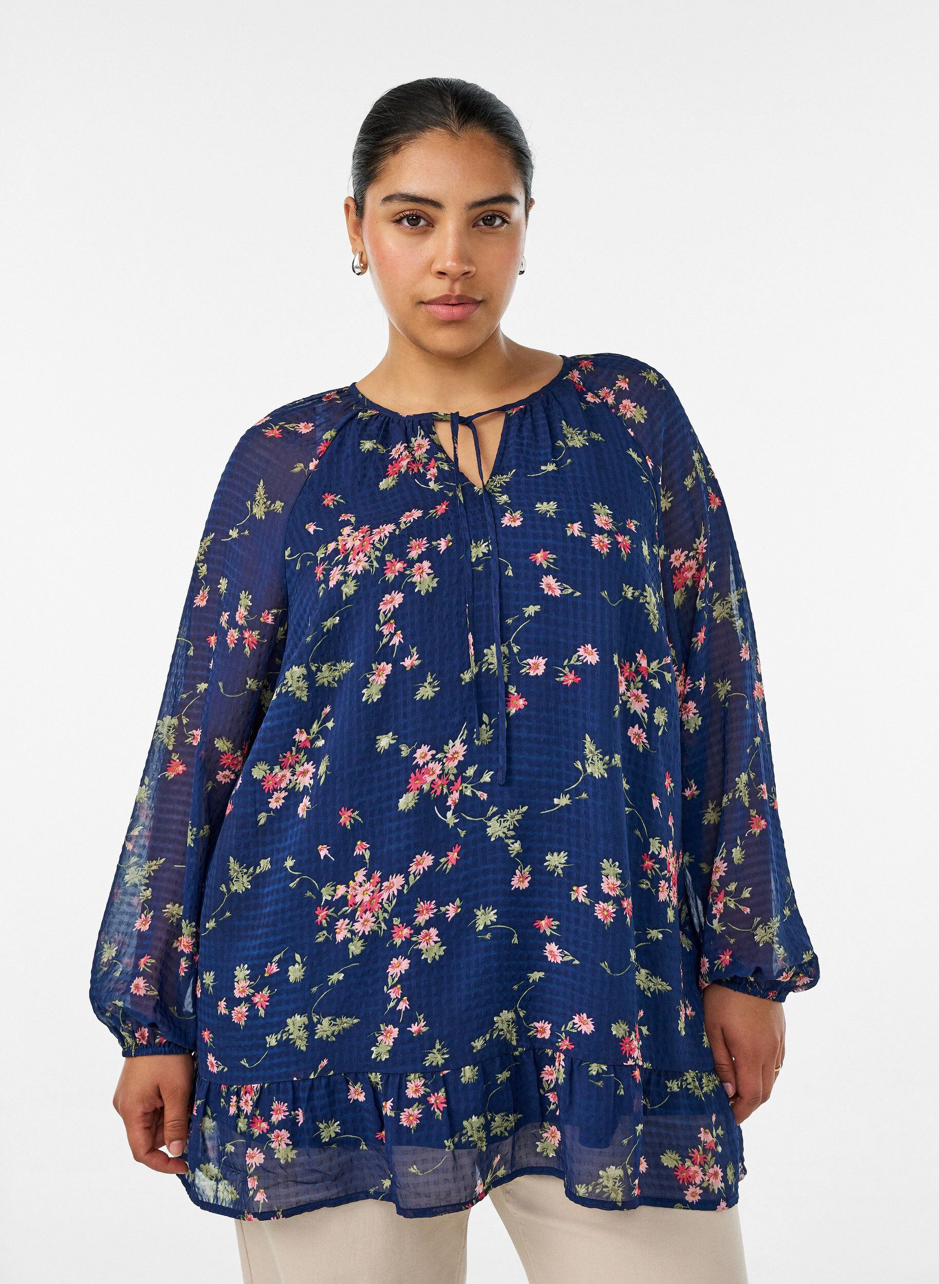 ZizzifashionFloral print A-line tunic, Blue, Model image number 0