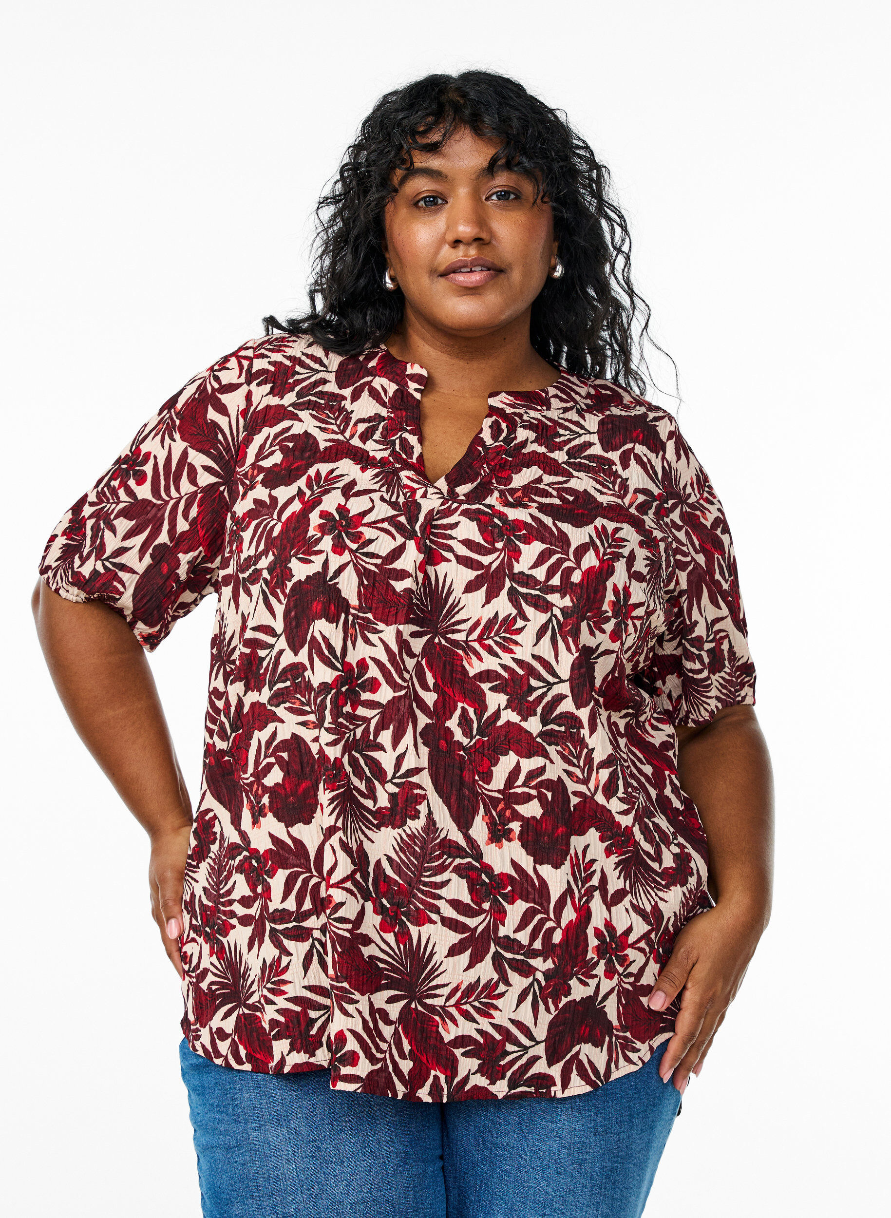 Zizzifashion Floral blouse with short sleeves, Red, Model image number 0