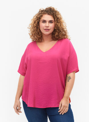 Short-sleeved viscose blouse with v-neck, Beetroot Purple, Model image number 0