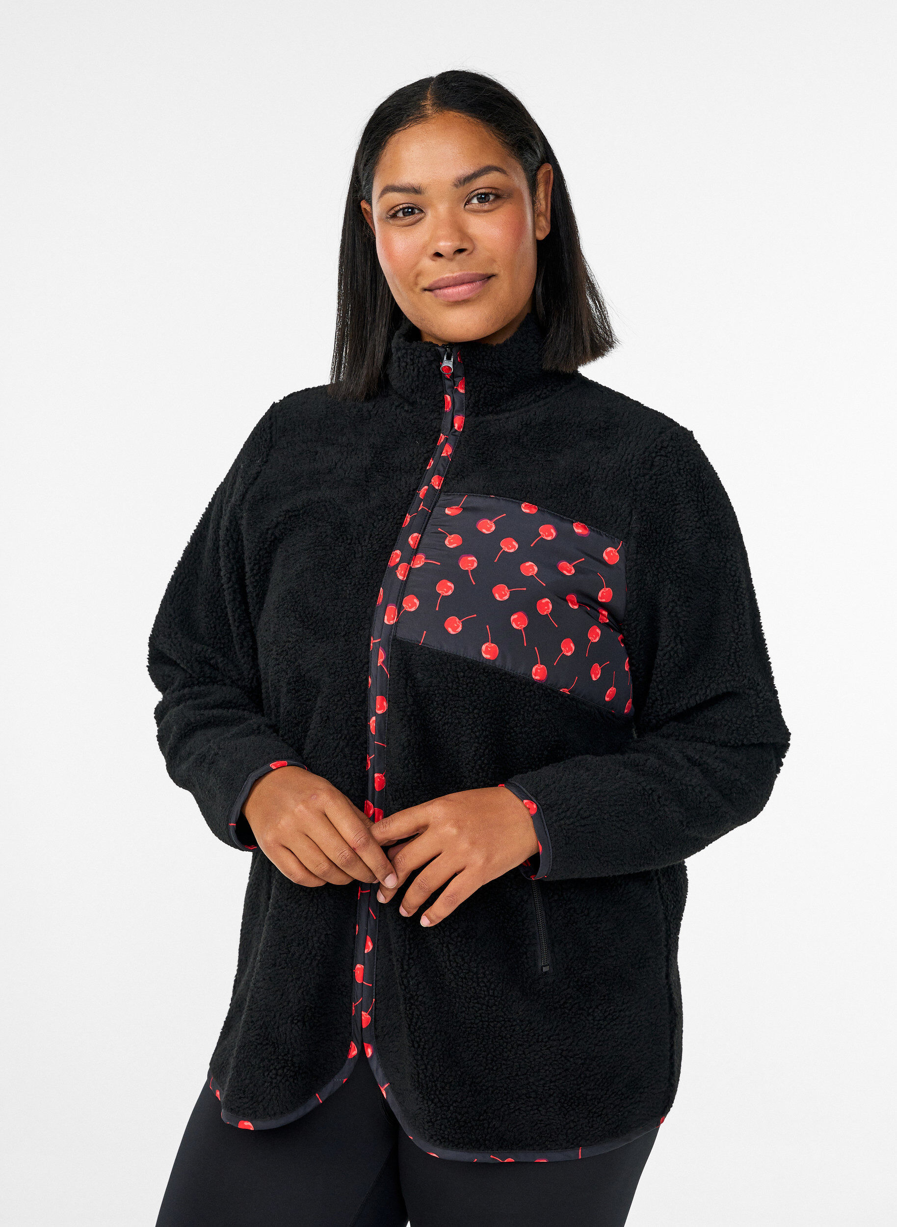 Teddy-fleece jacket with cherry details, Black, Model