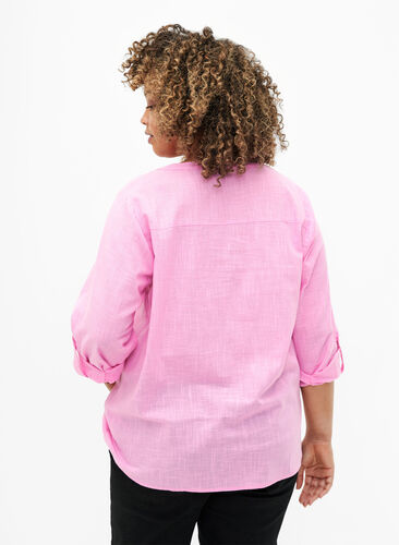 Cotton shirt blouse with v-neck, Rosebloom, Model image number 1