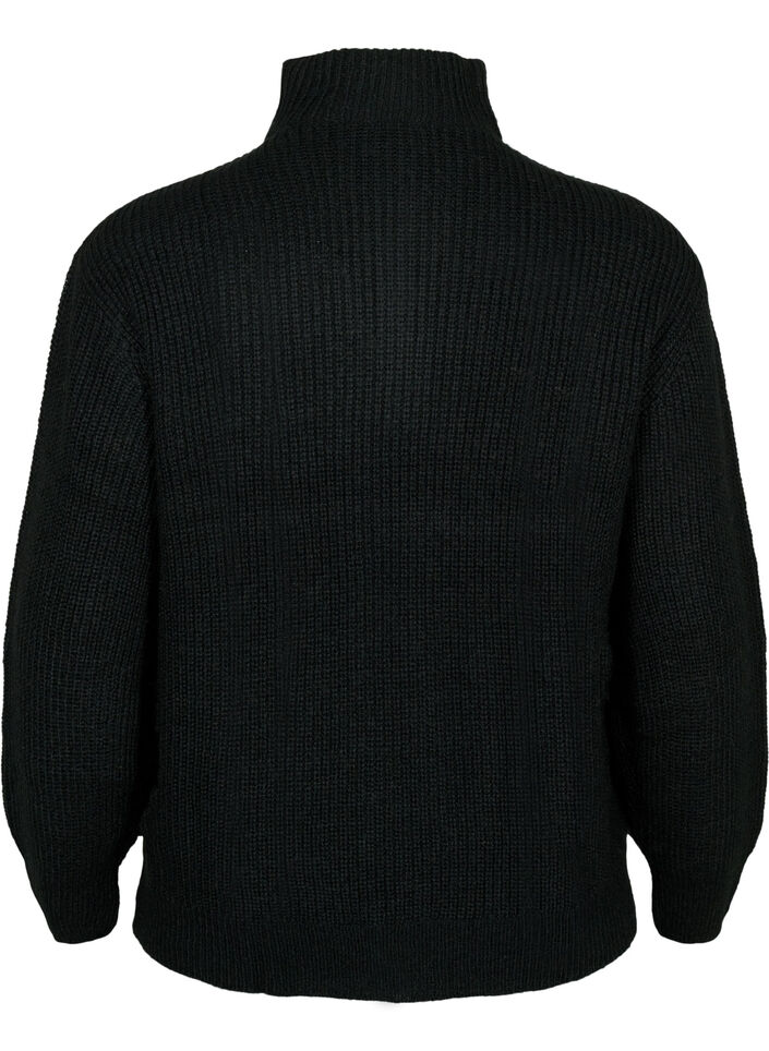 Knitted sweater with high neck and zipper, Black, Packshot image number 1