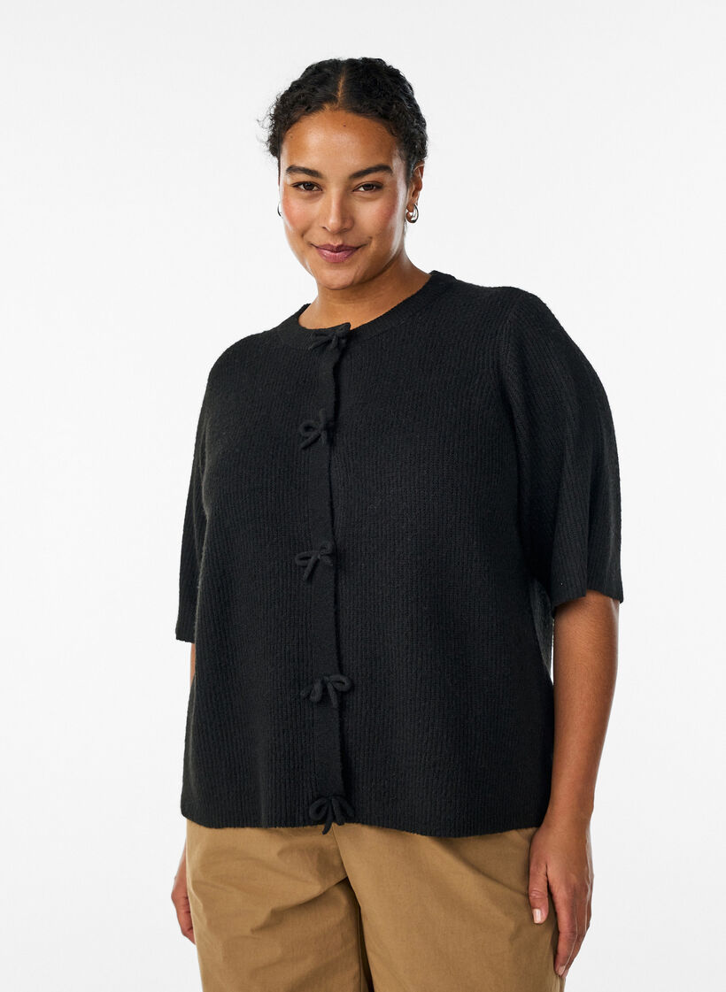 Short-sleeved knit cardigan with bows, Black, Model image number 0