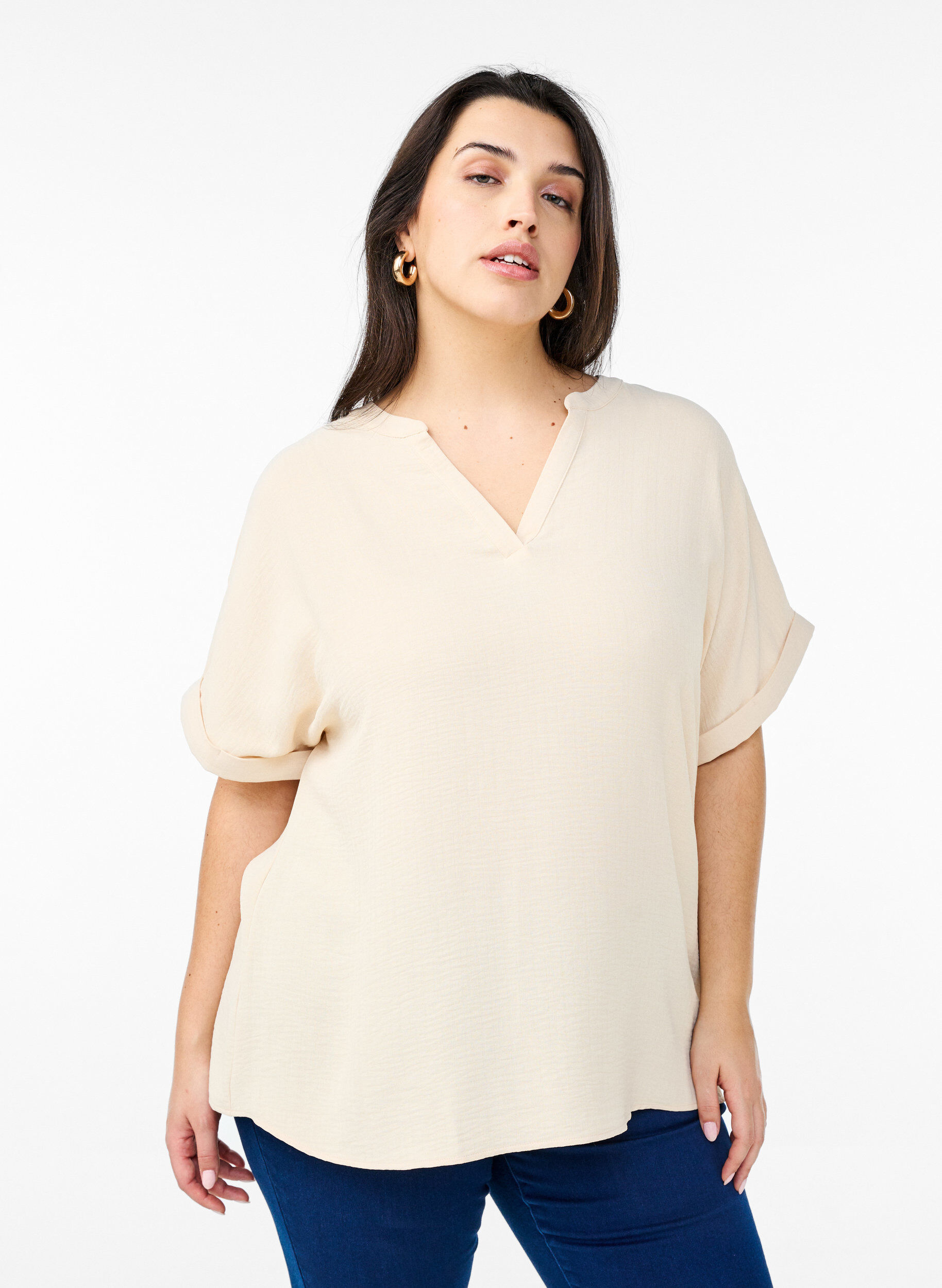 Zizzifashion Loose blouse with short sleeves, Beige, Model image number 0