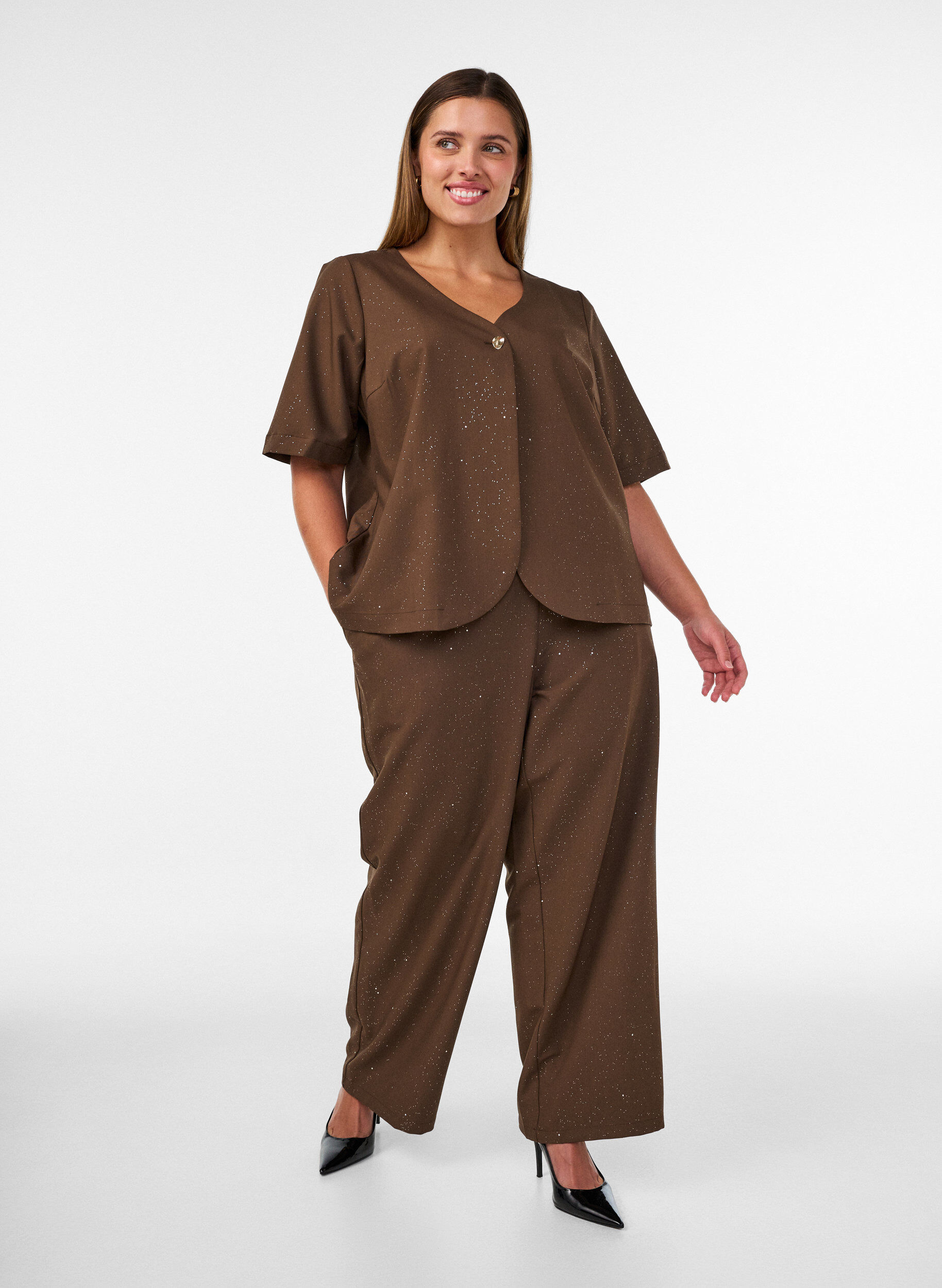 ZizzifashionBlouse with glitter and V-neck, Brown, Model image number 1