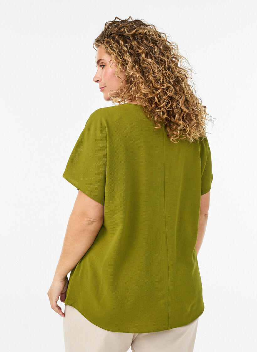Blouse with short sleeves and a round neckline, Green, Model image number 2