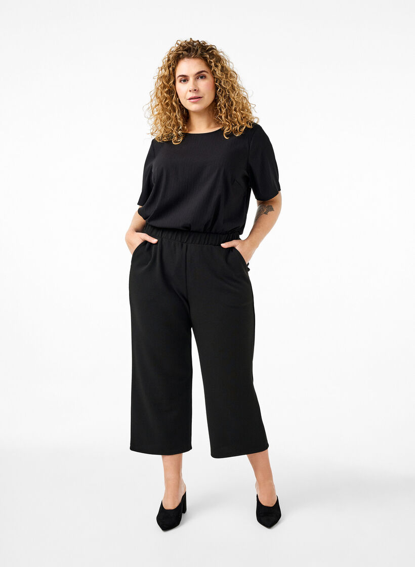 Short-sleeved viscose blouse with ties, Black, Model image number 2