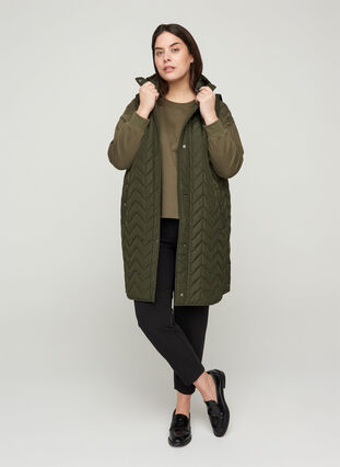 Long quilted vest with hood, Forest Night, Model image number 3