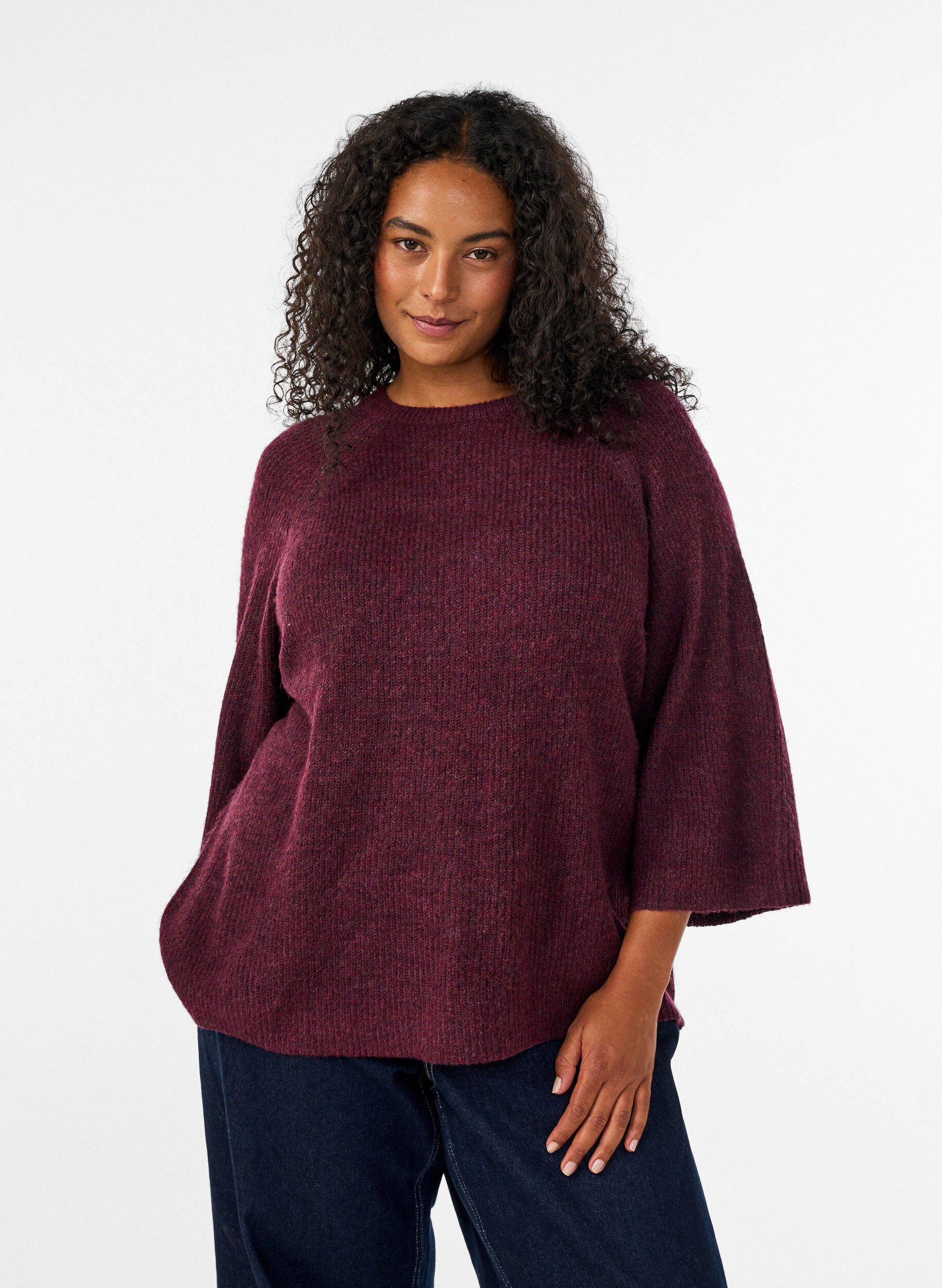 Ribbed jumper with 3/4 sleeves, Red, Model