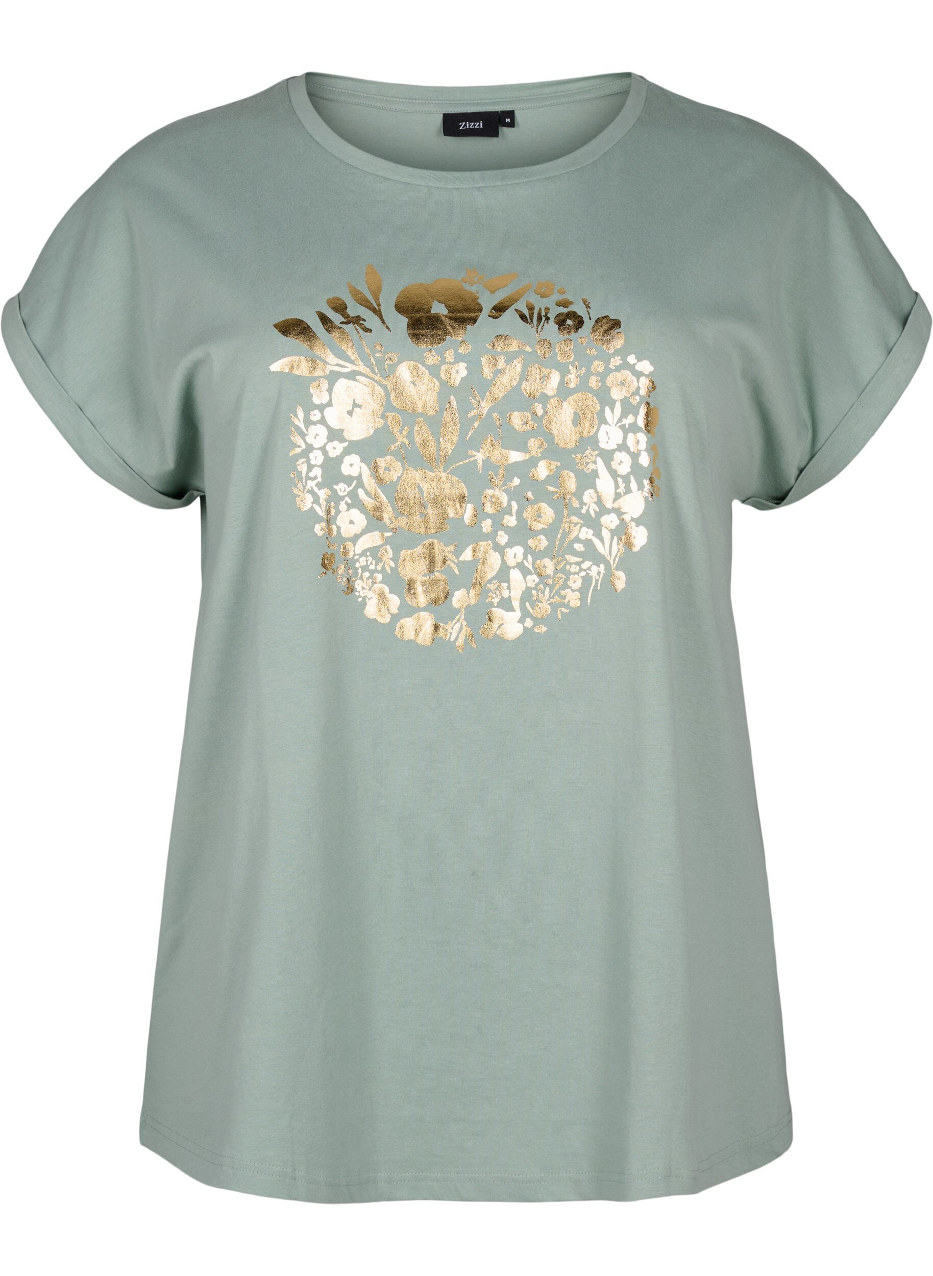 Zizzifashion Organic cotton T-shirt with gold print, Ch.Green Gold Flower, Packshot image number 0