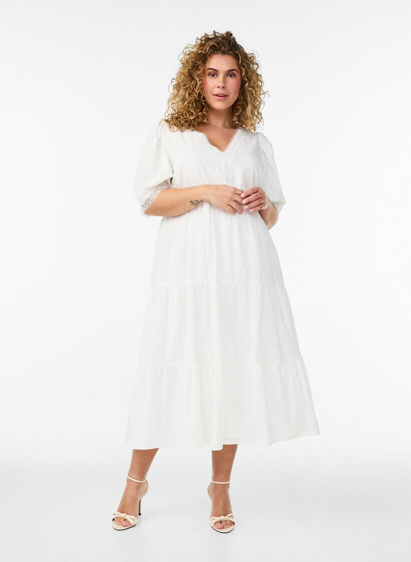 Textured cotton midi dress with crochet details, White, Model image number 0