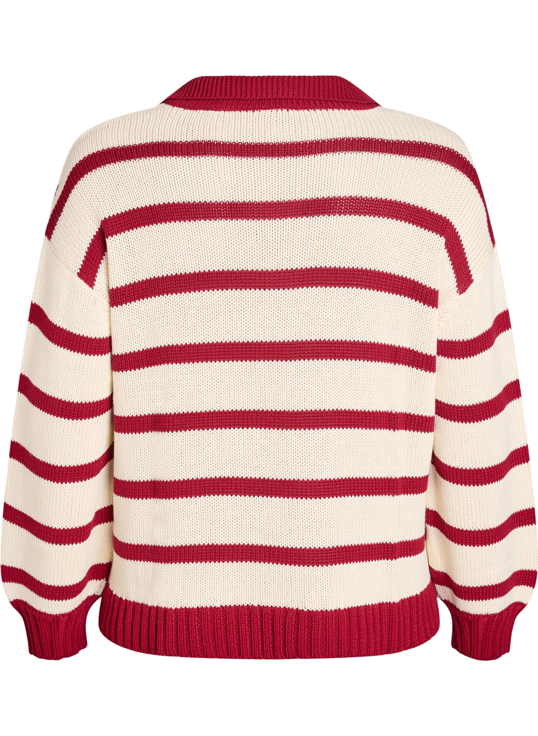 Zizzifashion Striped knit blouse with a polo collar, Vanilla, Packshot image number 1