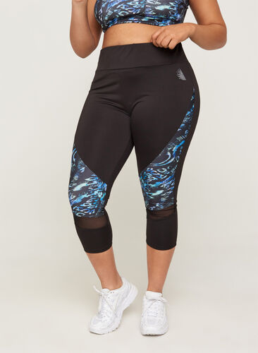 Sports capri trousers with print and mesh, Flexi Blue, Model image number 0