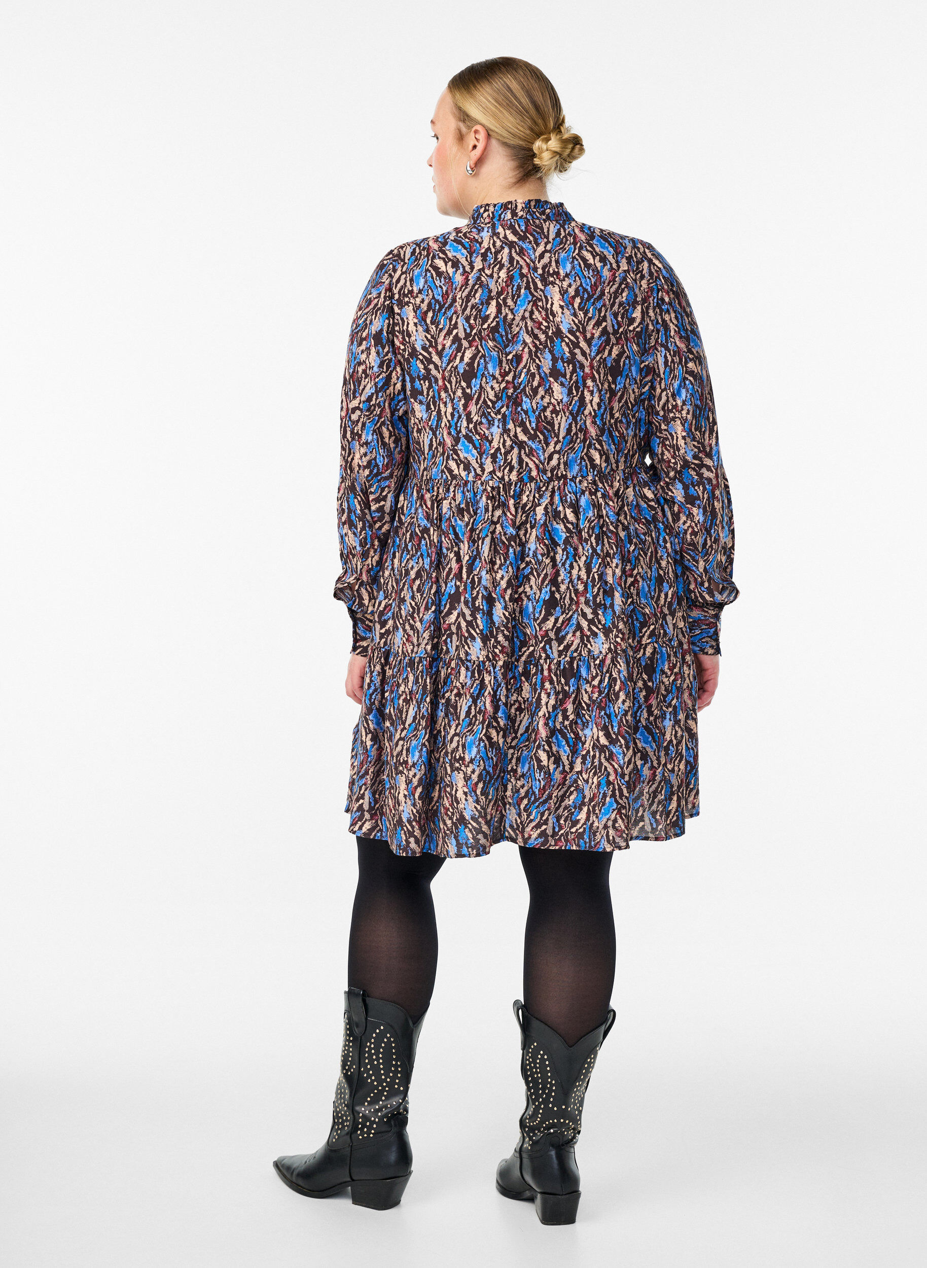 Zizzifashion A-line dress with a ruffle collar, Blue, Model image number 2