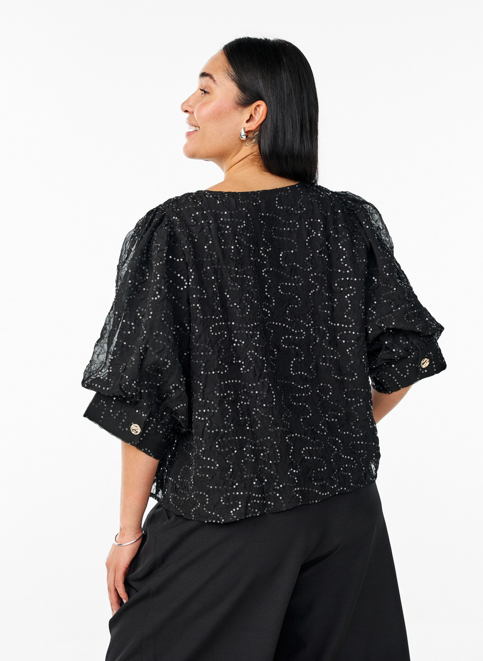 Zizzifashion Party blouse with sequins and 1/2 sleeves, Black, Model image number 2
