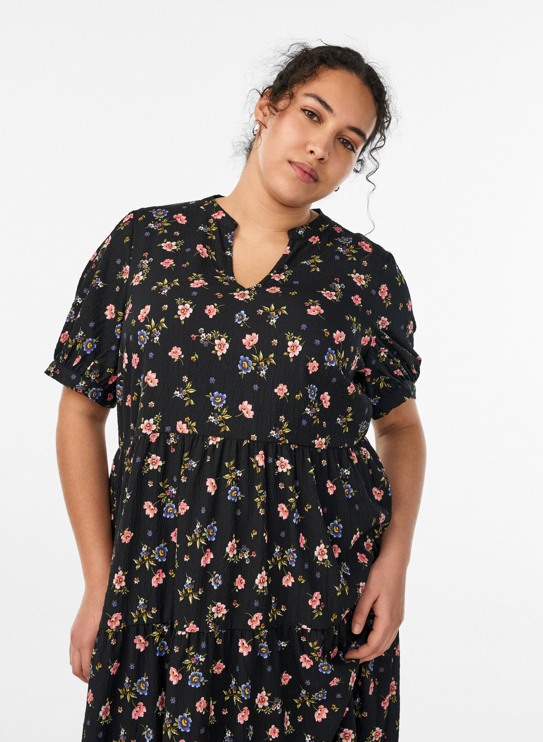 Zizzifashion Ankle-length dress with short sleeves and tiered ruffles, Black, Model image number 2