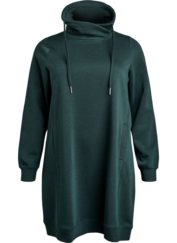 Short sweatshirt dress with high collar and pockets, Green, Packshot image number 0