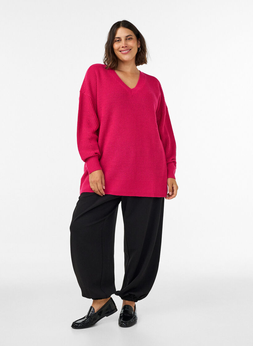 Long rib-knit blouse with a V-neck, Pink, Model image number 1