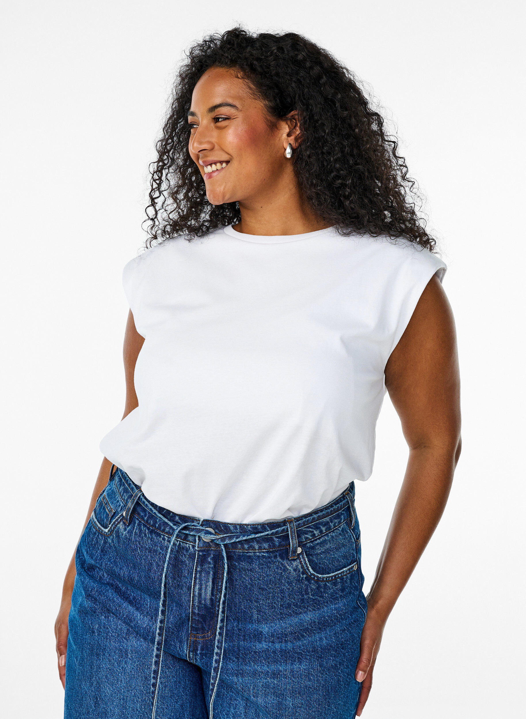 Zizzifashion Sleeveless jersey blouse with shoulder pads, White, Model image number 0