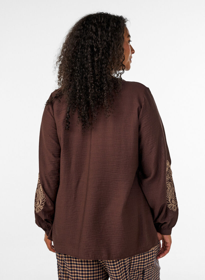 Viscose shirt with embroidered sleeves, Brown, Model image number 2