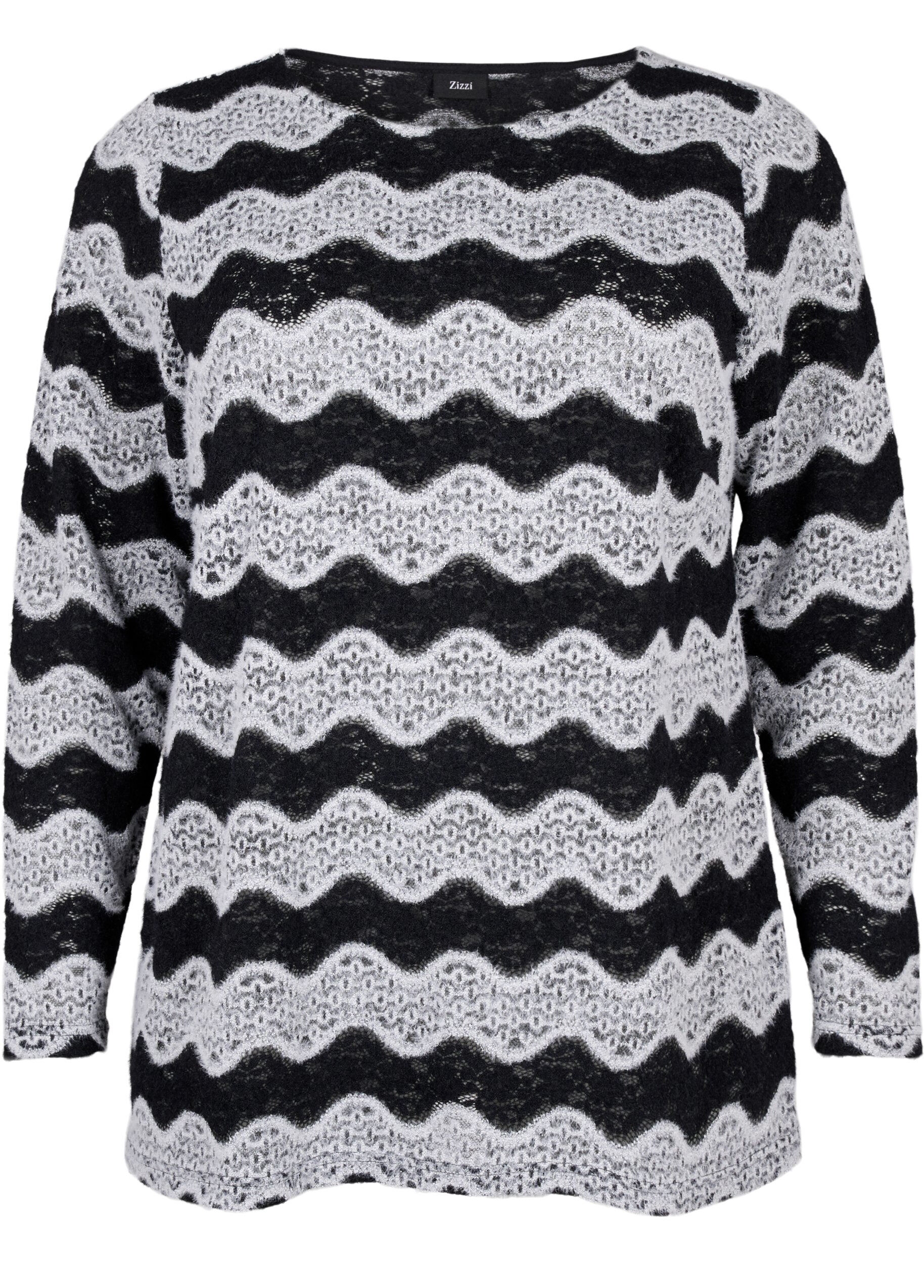 Zizzifashion Knitted blouse with a wave pattern, Black Stripe, Packshot image number 0