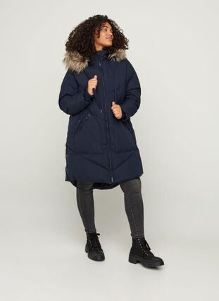 Winter coat with a hood and faux fur trim , Night Sky, Model image number 4