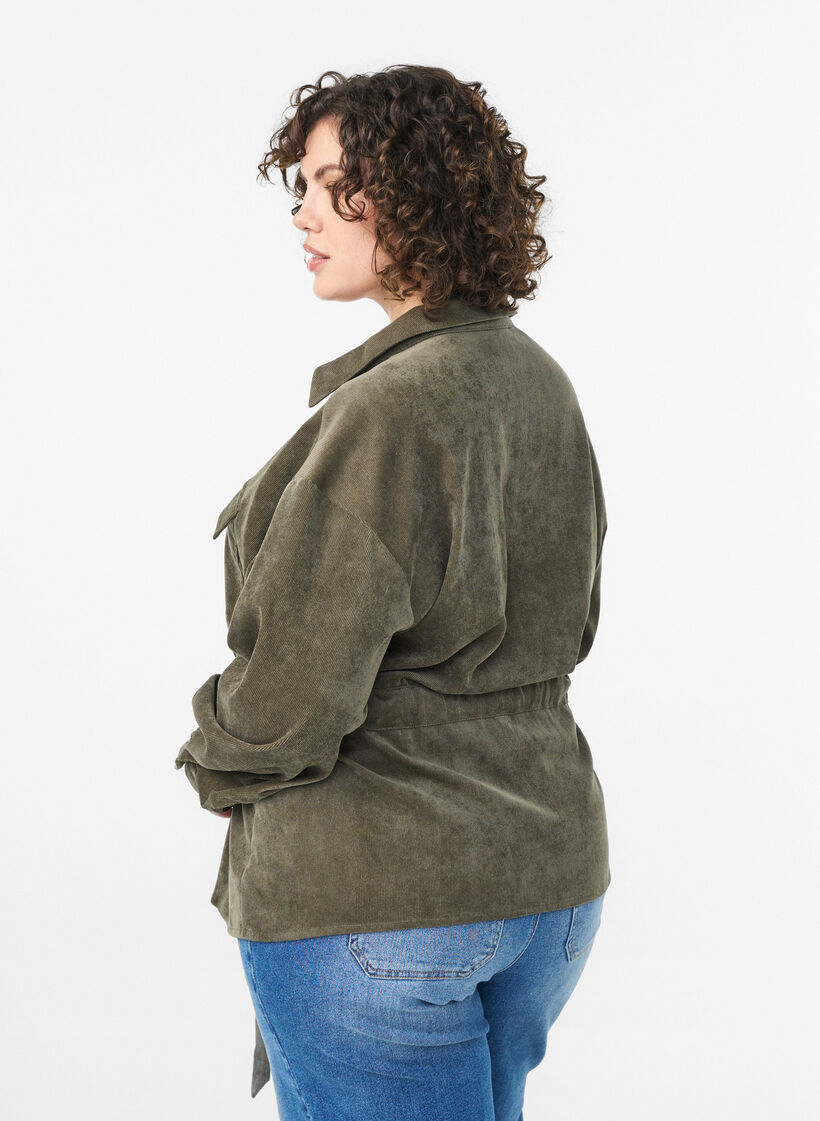 Corduroy shacket with tie belt and pockets, Green, Model image number 2