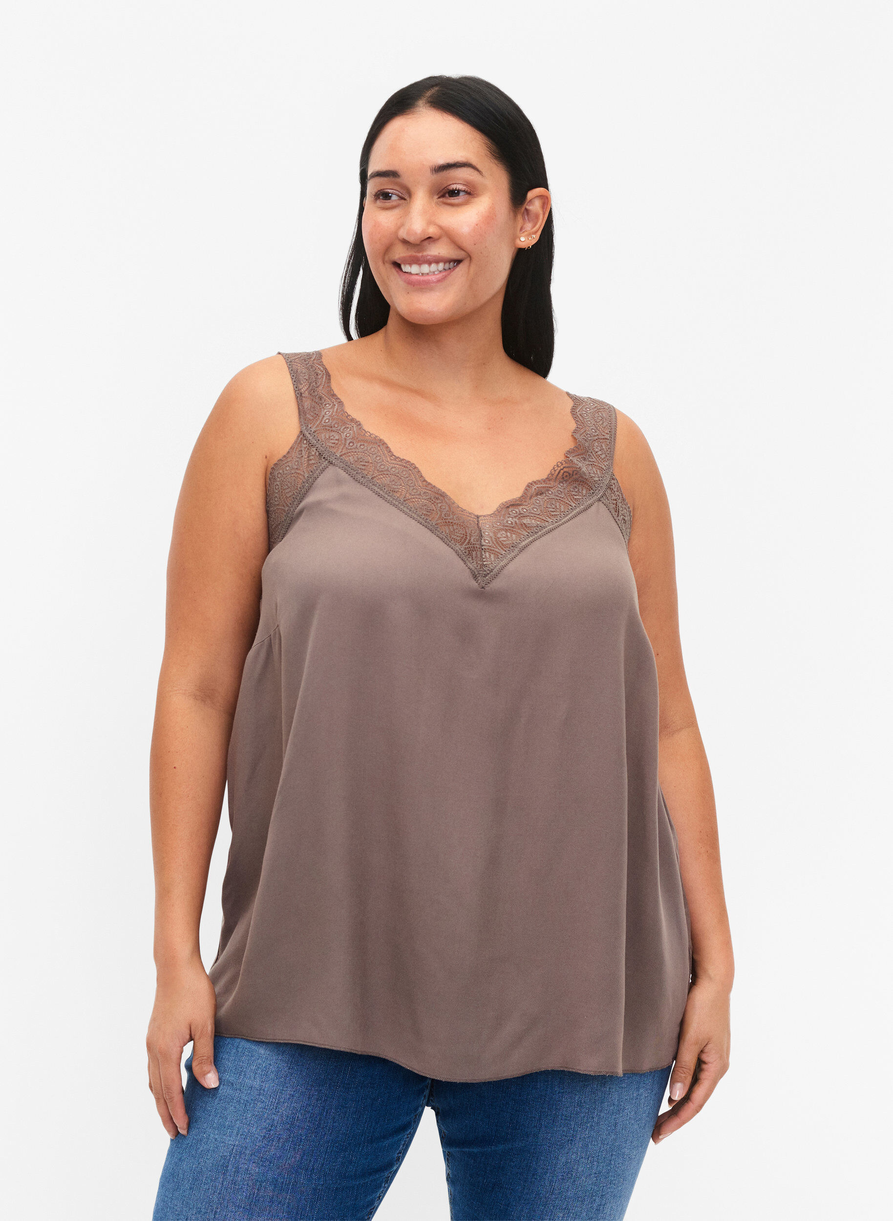 Zizzifashion Top with lace in viscose, Falcon, Model image number 0