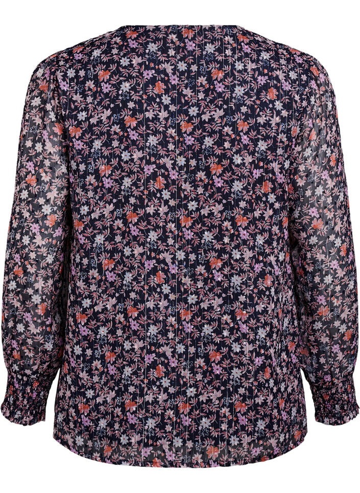 Blouse with floral print and glitter thread, Blue, Packshot image number 1