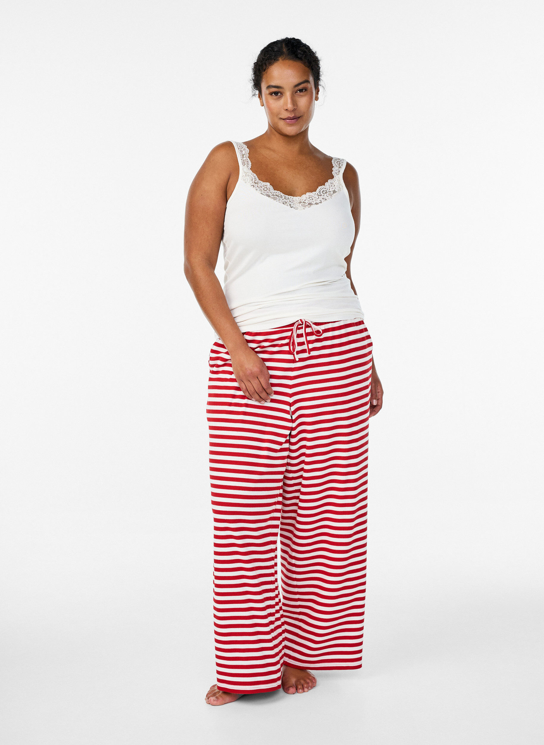 Zizzifashion Striped pyjama trousers with a high waist and wide legs, Red, Model image number 0