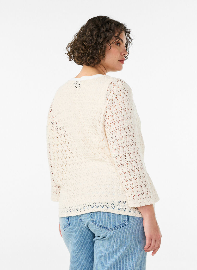 Knitted cardigan with eyelet embroidery and a V-neck, Beige, Model image number 2