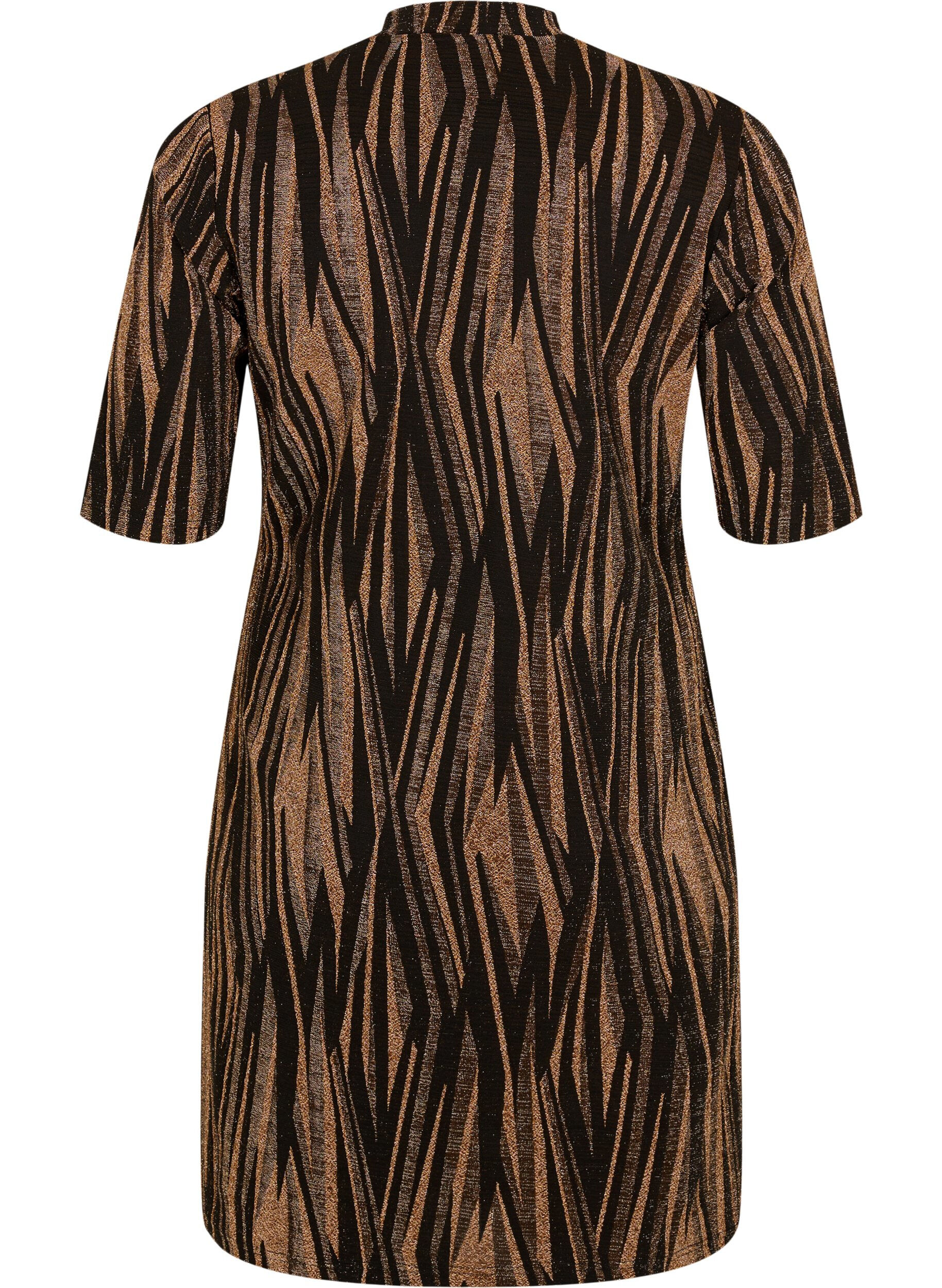 Zizzifashion Patterned dress with glitter and short sleeves, Black w. Copper, Packshot image number 1