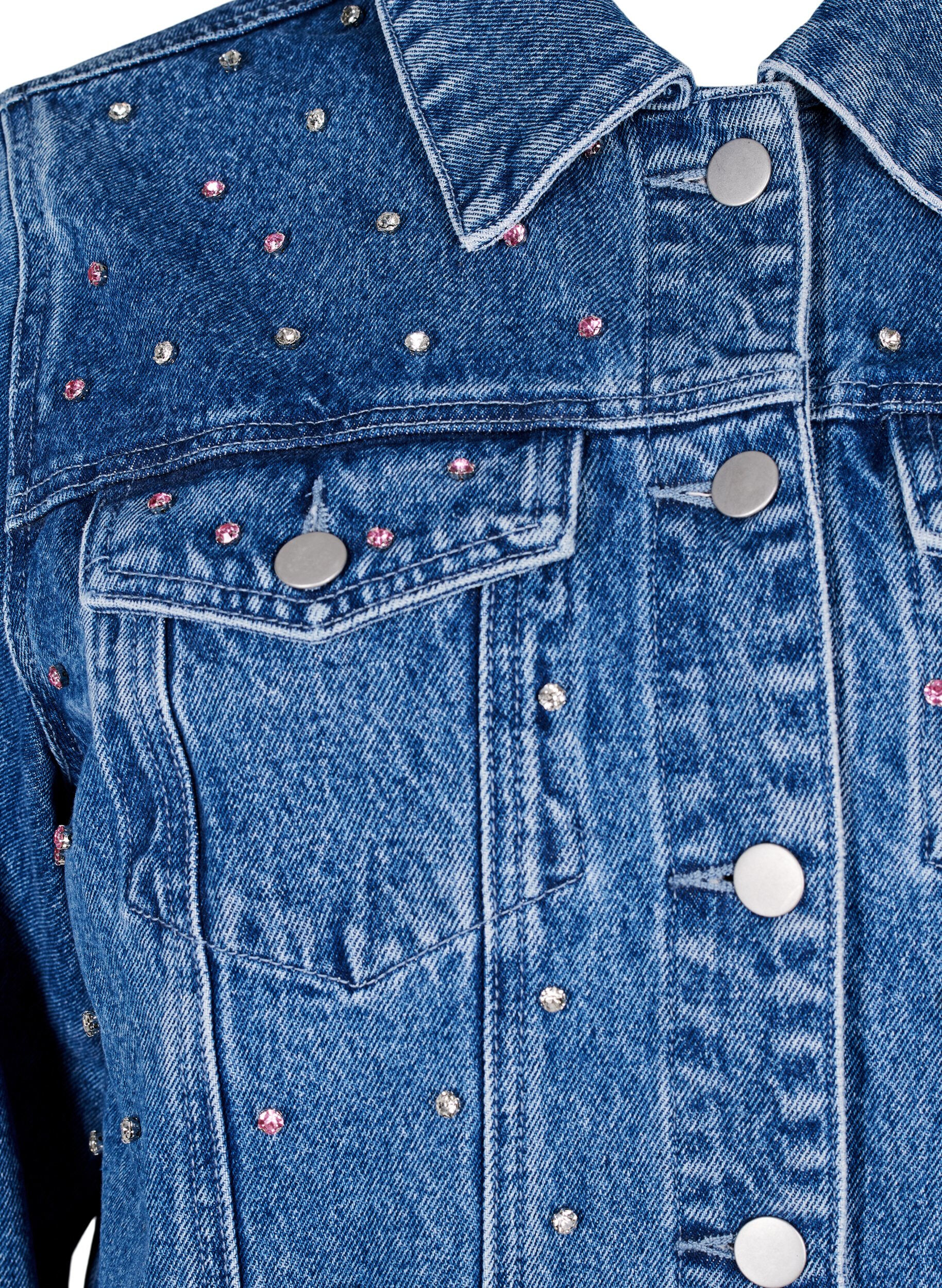Zizzifashion Denim jacket with rhinestones and a raw hem, Blue, Packshot image number 2