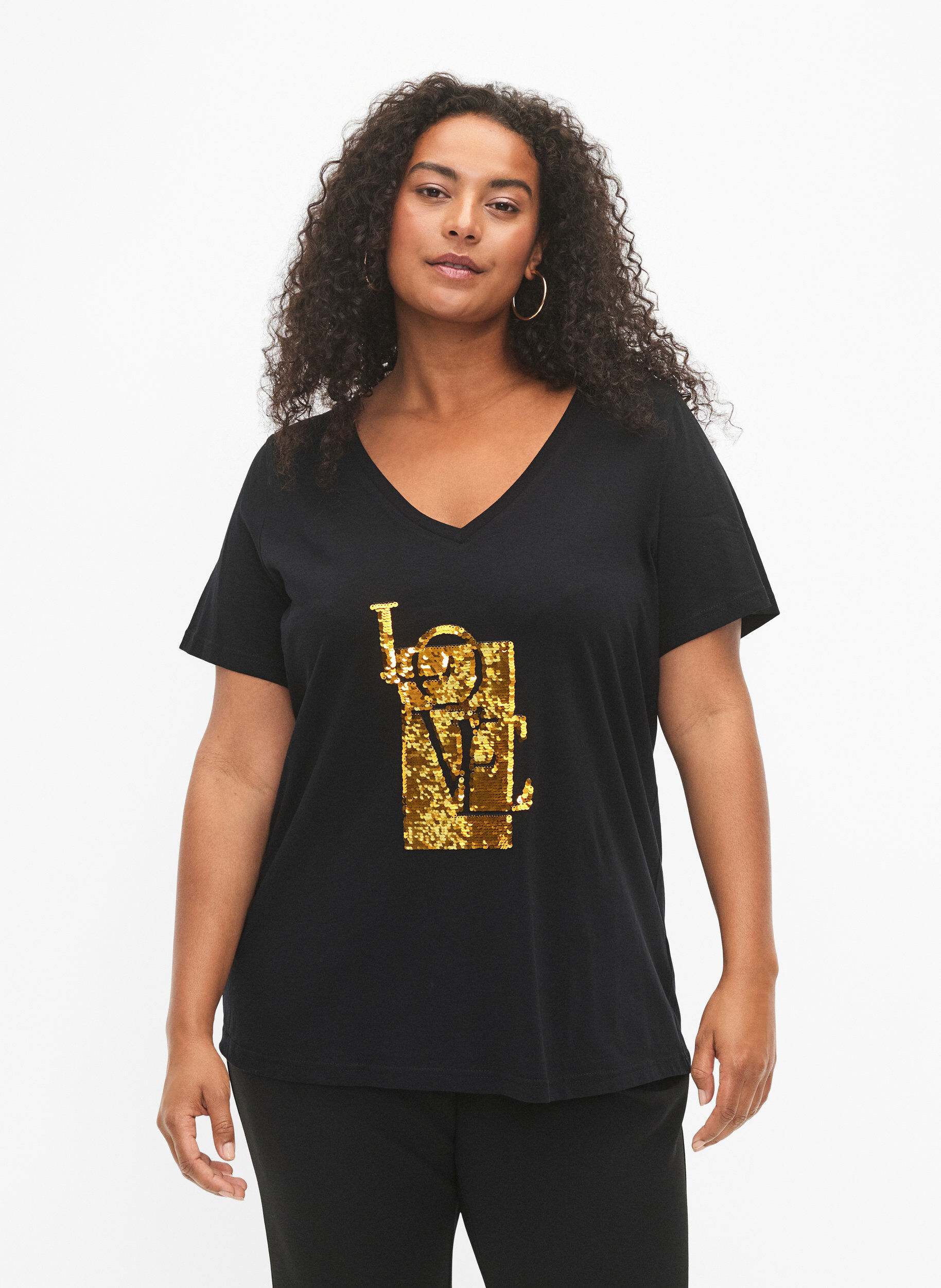 Zizzifashion Cotton t-shirt with sequins, Black w. Love, Model image number 0