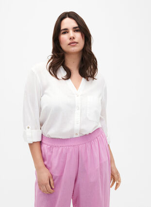 Shirt blouse with button closure in cotton-linen blend, Bright White, Model image number 0