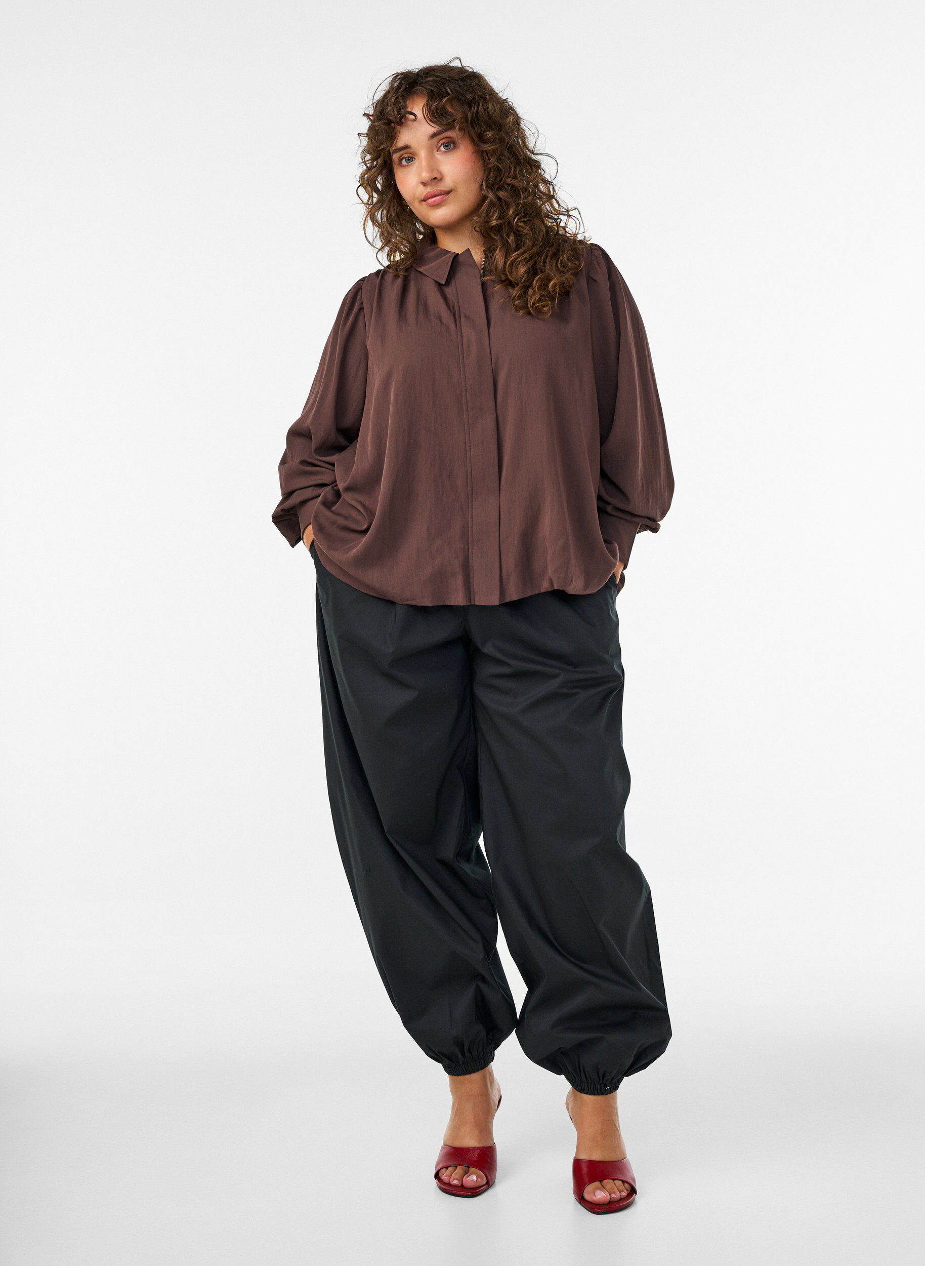 ZizzifashionShirt with balloon shape and concealed zip, Brown, Model image number 1