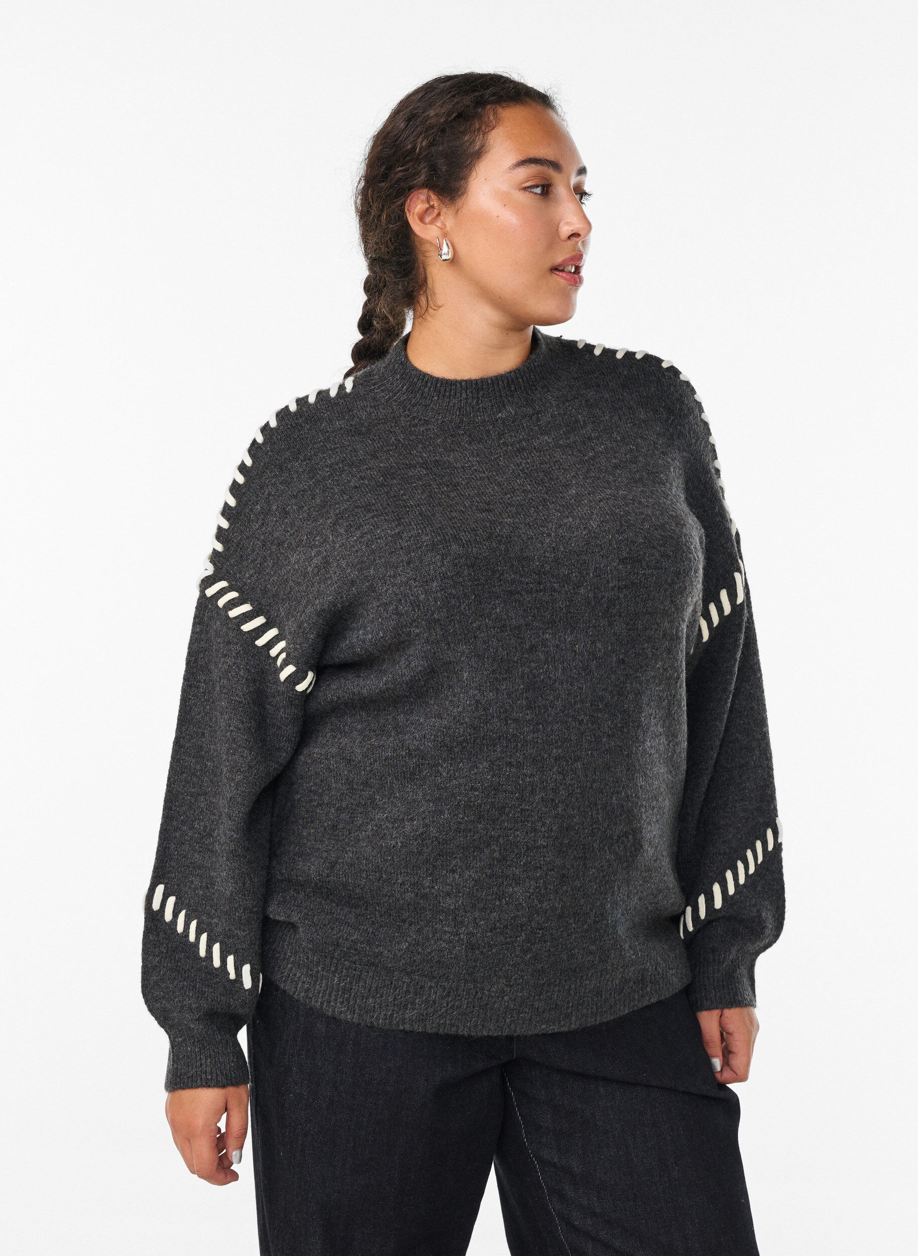 Jumper with decorative stitching, Dark Grey, Model