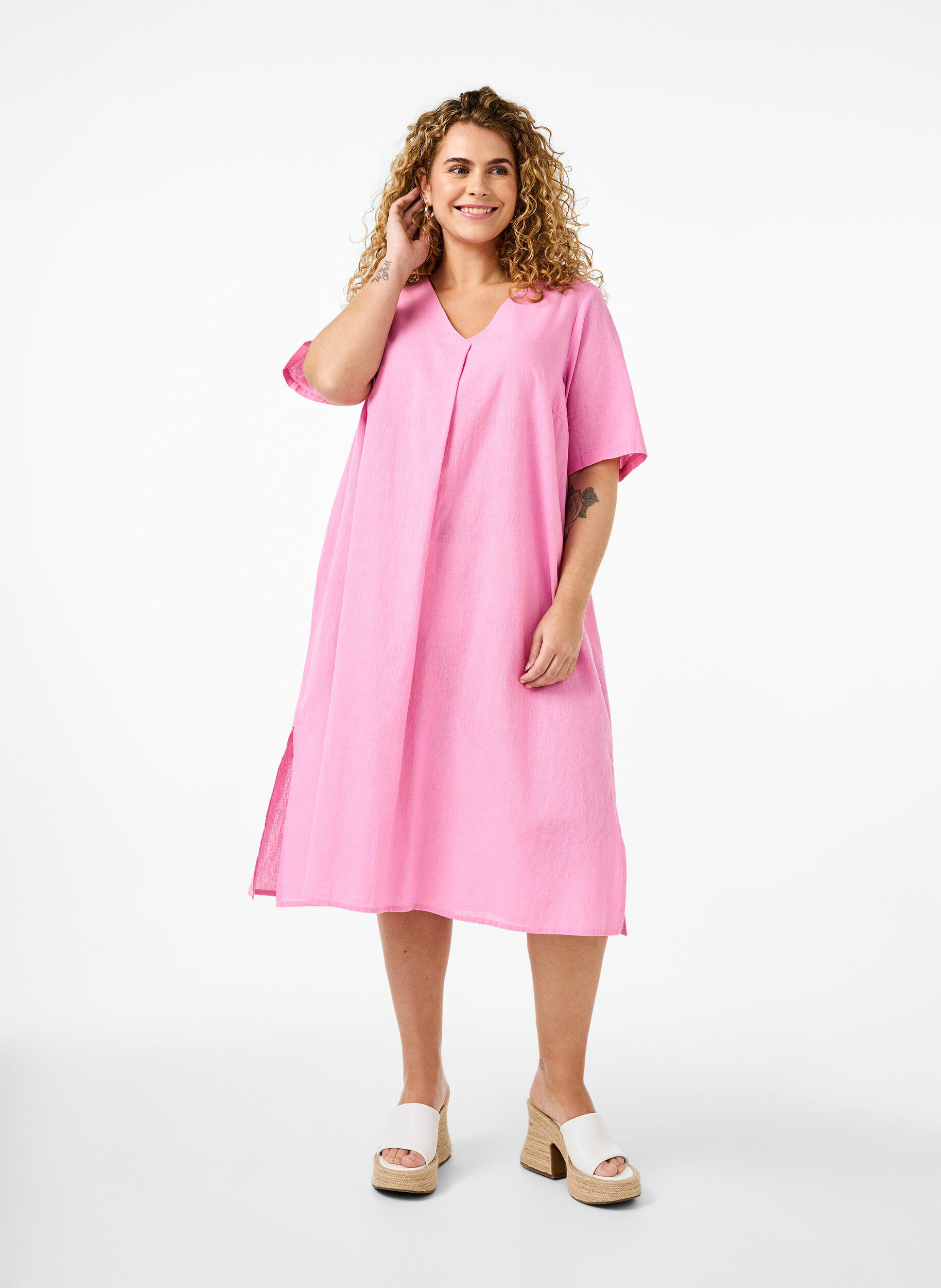 Zizzifashion Cotton blend kaftan dress with linen, Pink, Model image number 0