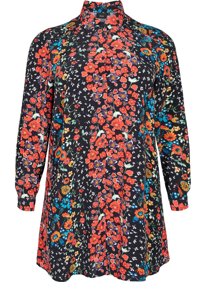 Long viscose shirt in floral print, Black Flower, Packshot image number 0