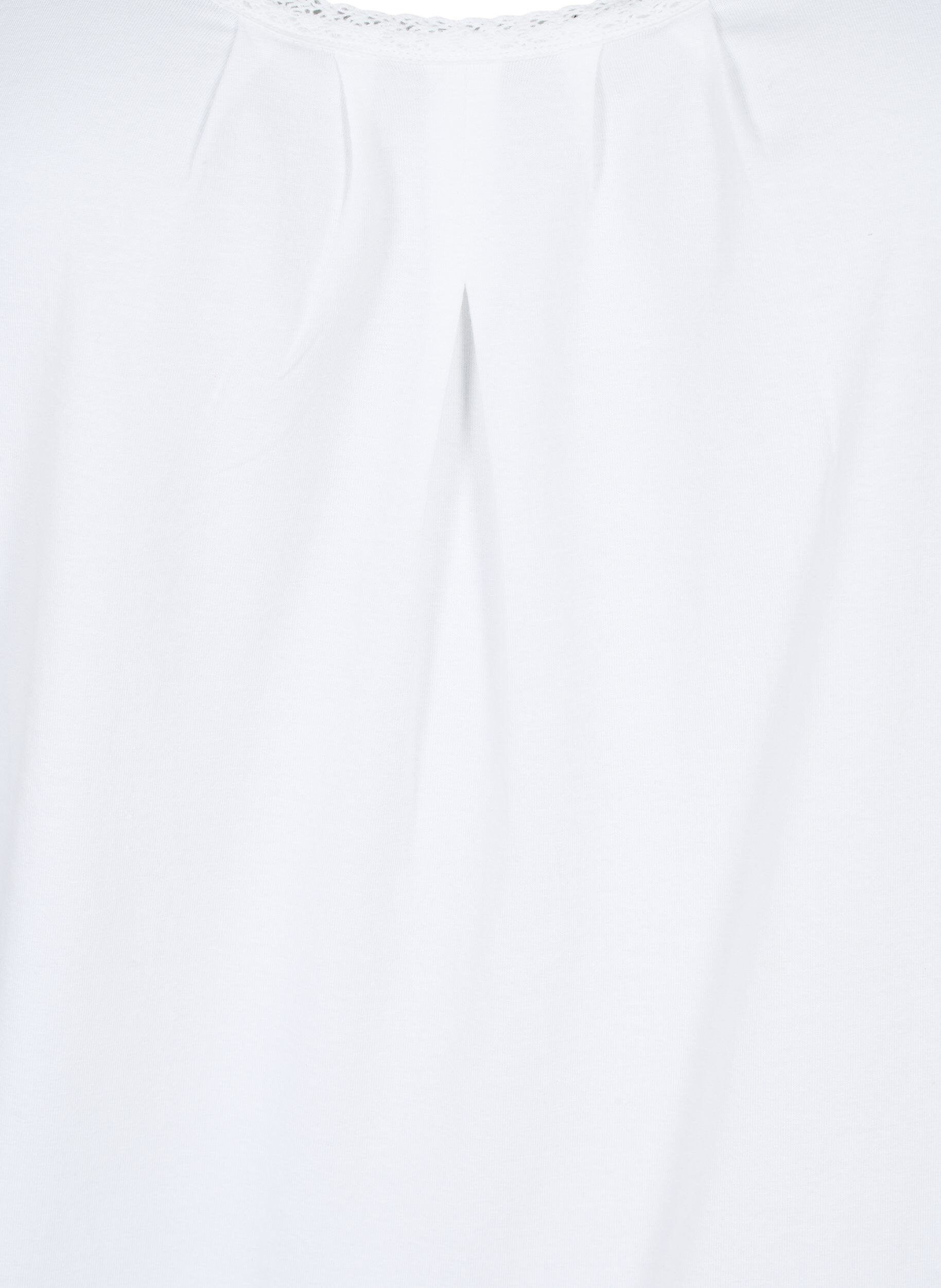 Zizzifashion Cotton top with round neck and lace trim, Bright White, Packshot image number 2