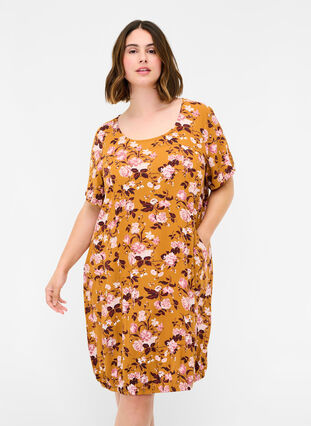 Short-sleeved viscose dress with print, Yellow Flower, Model image number 0