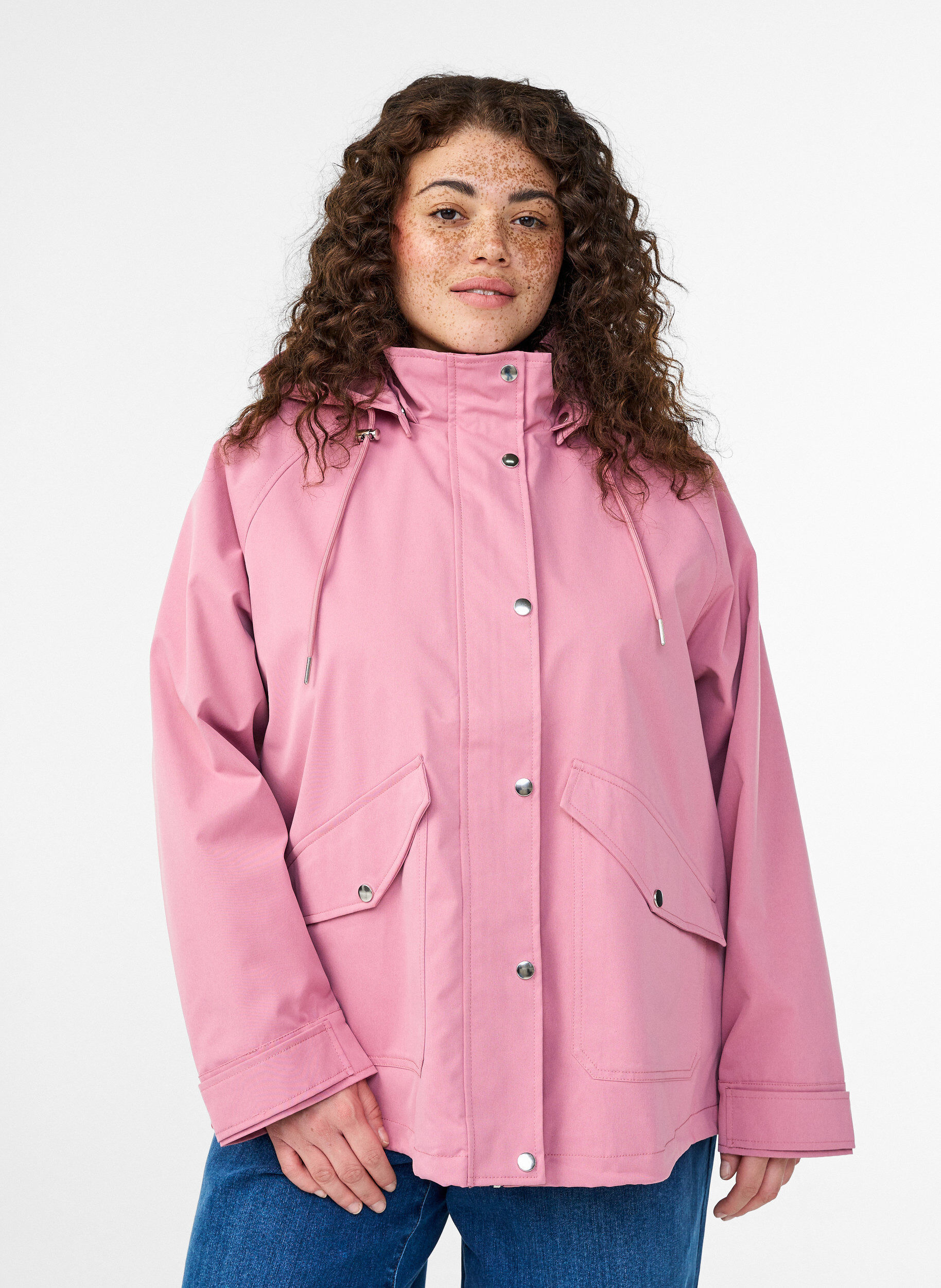 Short spring jacket with a detachable hood, Rose, Model
