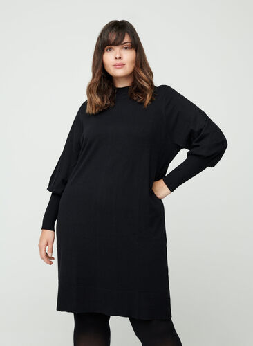 High neck dress with balloon sleeves, Black, Model image number 0