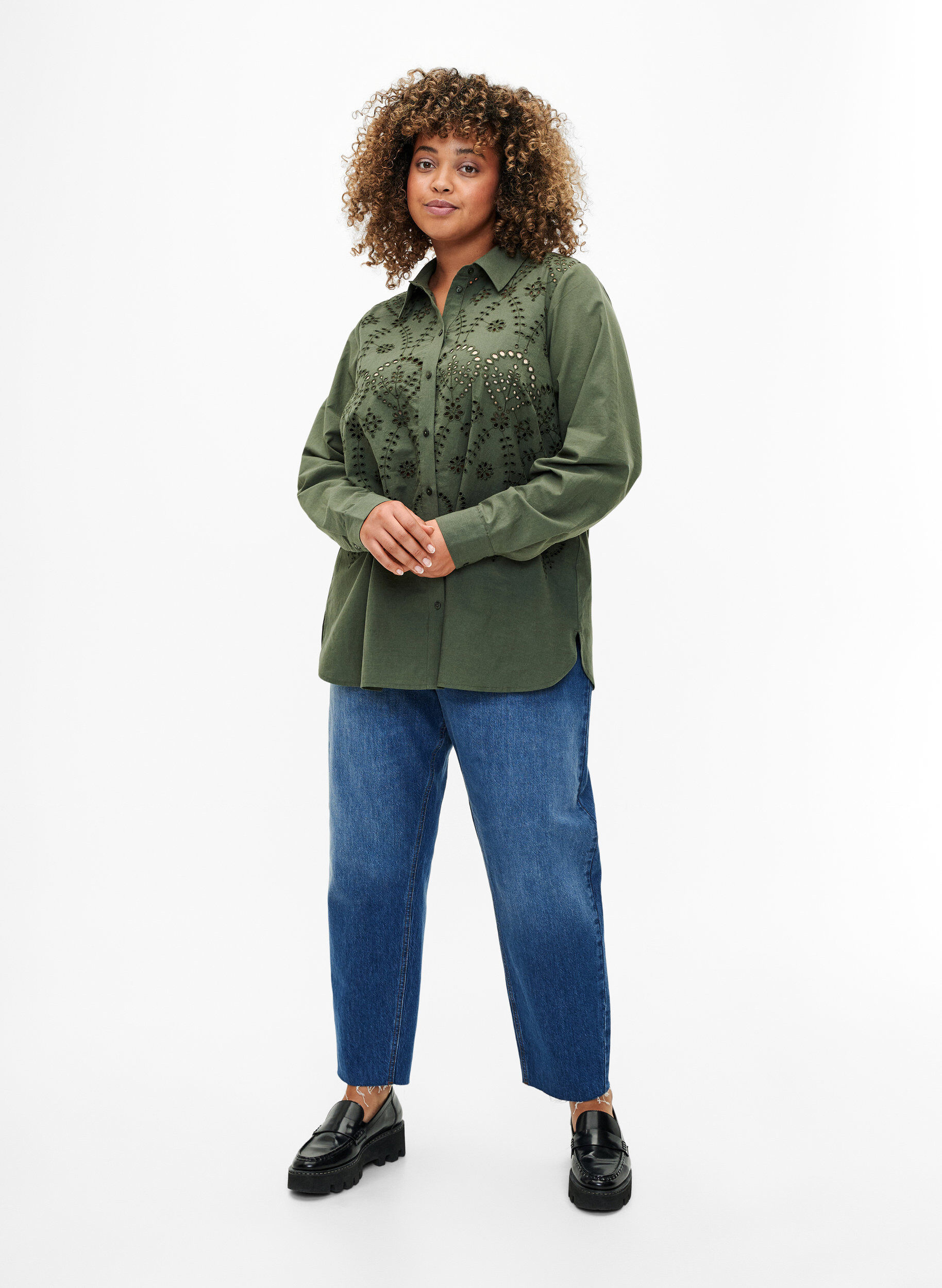 Zizzifashion Cotton shirt with broderie anglaise, Thyme, Model image number 2