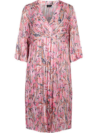Printed midi dress with v-neck and 3/4 sleeves, Pink Feather, Packshot image number 0